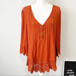 Venus orange pleated crochet long sleeve top size medium loose
